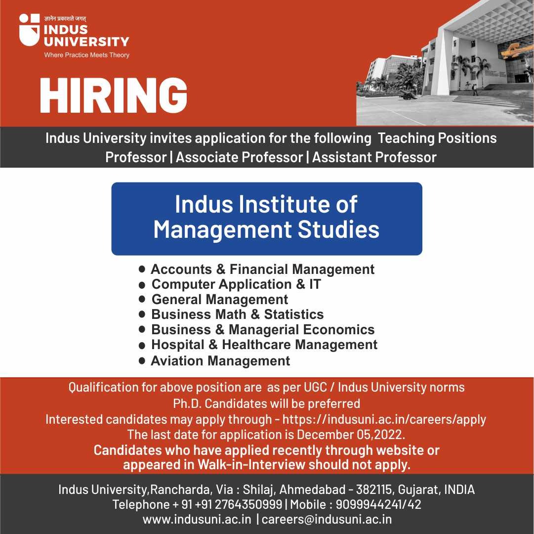 Career at Indus University Best University in Gujarat
